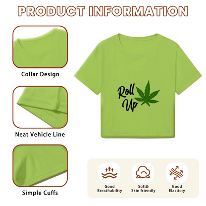 Trendy Lime Green Casual Cropped Tee With Roll Up Leaf Street Print