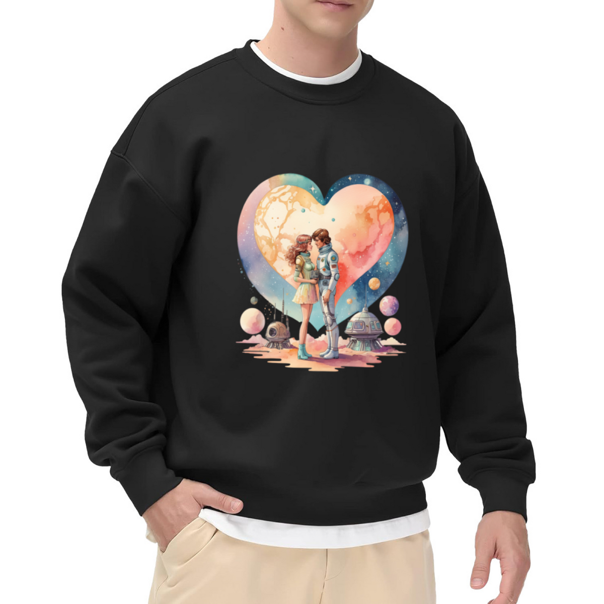 Space Love Astronaut Couple Crewneck Sweatshirt - Cosmic Romance Graphic Pullover, Sci-Fi Couple Gift, Galaxy Valentine Top