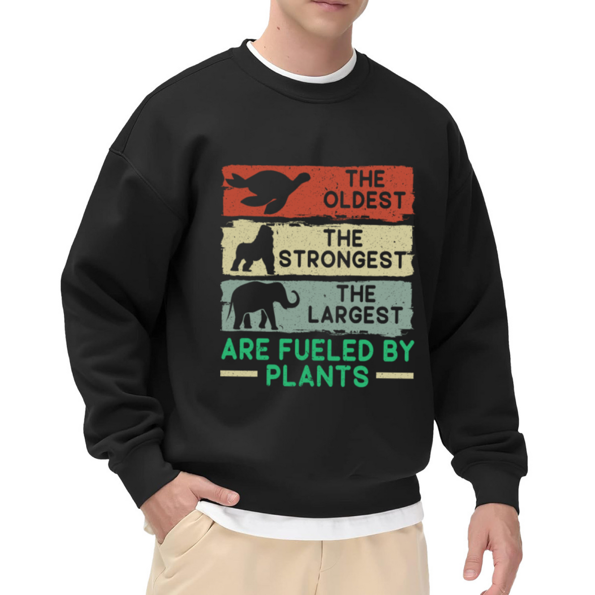 Vintage Plant-Based Crewneck Sweatshirt with The Oldest, Strongest, Largest Animals Fueled by Plants Graphic Design