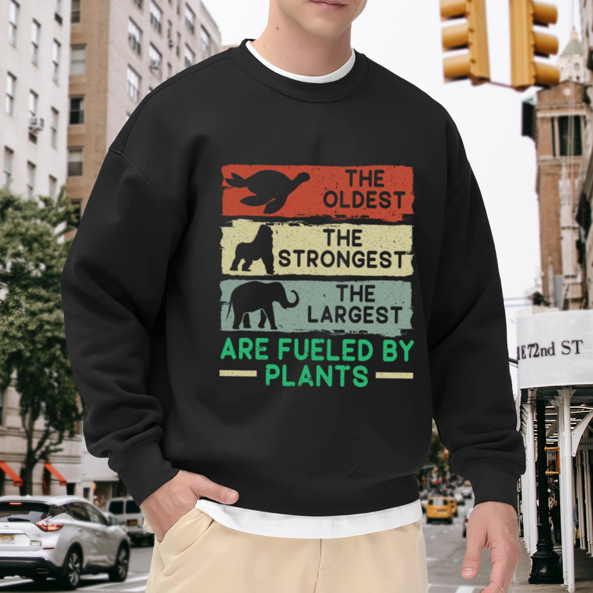Vintage Plant-Based Crewneck Sweatshirt with The Oldest, Strongest, Largest Animals Fueled by Plants Graphic Design