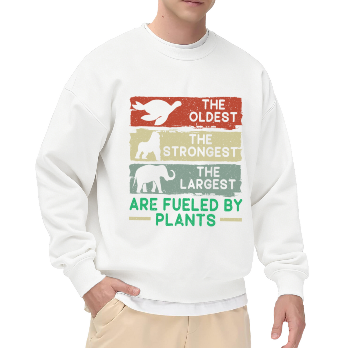 Vintage Plant-Based Crewneck Sweatshirt with The Oldest, Strongest, Largest Animals Fueled by Plants Graphic Design