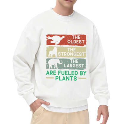 Vintage Plant-Based Crewneck Sweatshirt with The Oldest, Strongest, Largest Animals Fueled by Plants Graphic Design
