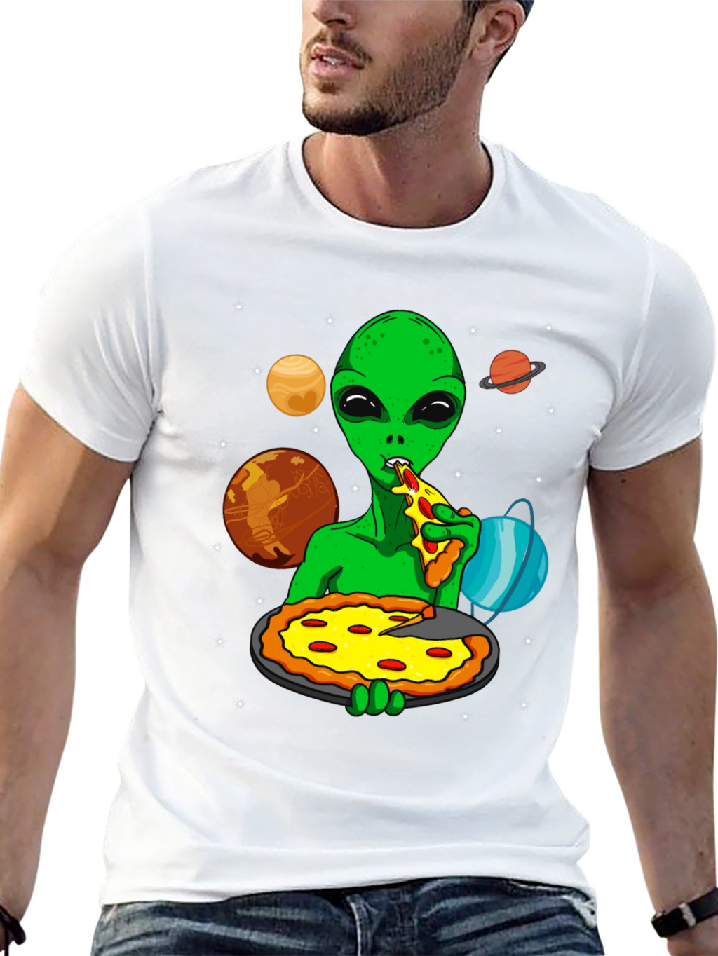 Alien Pizza Lover Graphic T-Shirt - Space Fun