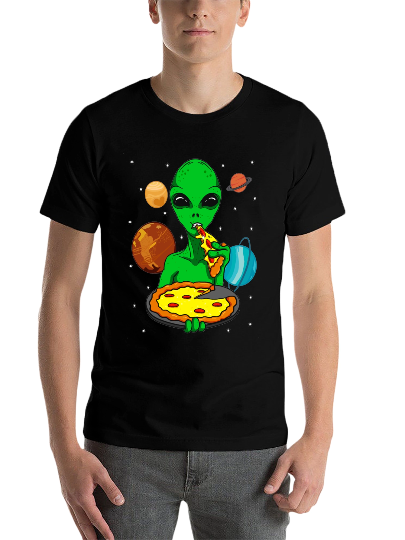 Alien Pizza Lover Graphic T-Shirt - Space Fun