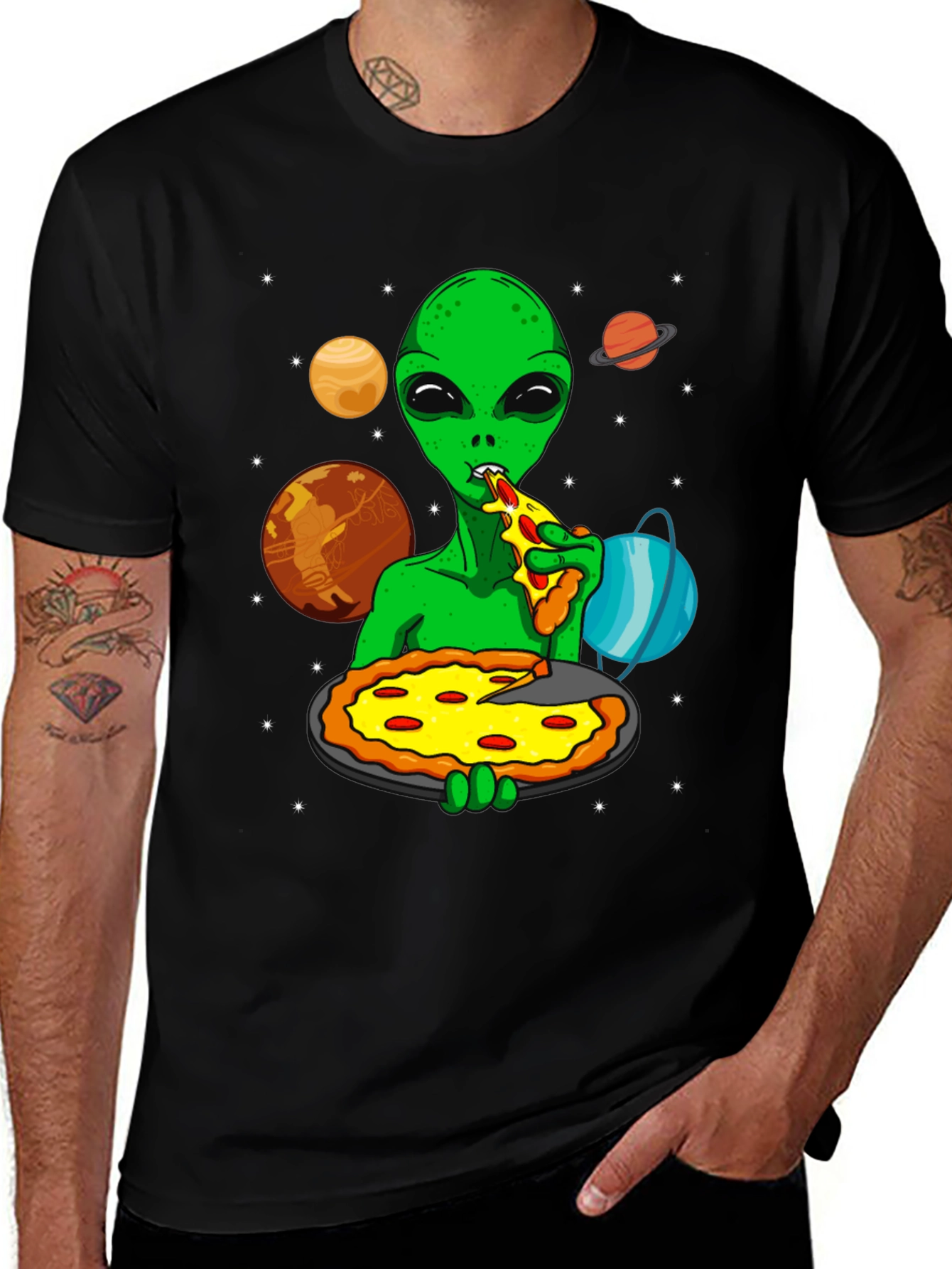 Alien Pizza Lover Graphic T-Shirt - Space Fun