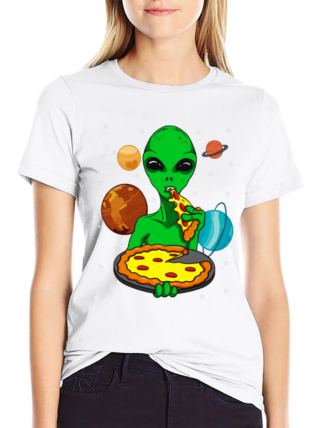 Alien Pizza Lover Graphic T-Shirt - Space Fun