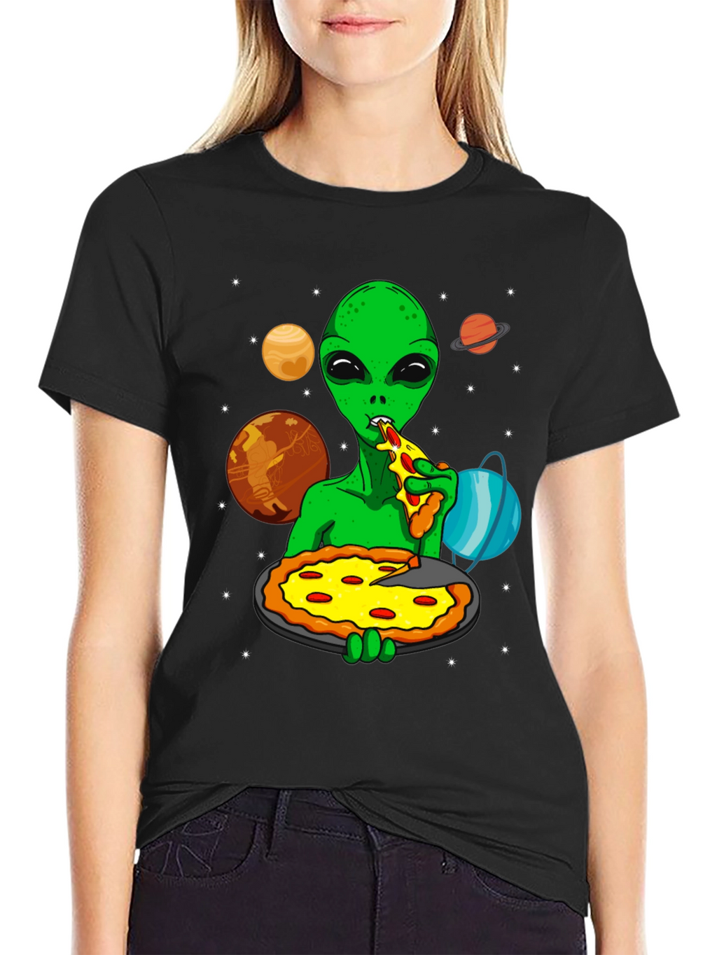 Alien Pizza Lover Graphic T-Shirt - Space Fun