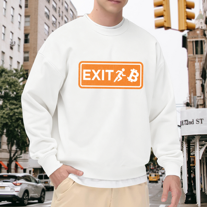 Bitcoin Exit Sign Running Man Crewneck Sweatshirt, Crypto Emergency Exit Parody Pullover, BTC Gift