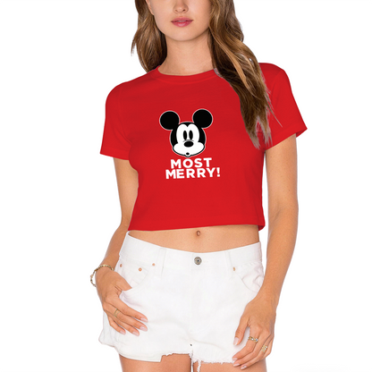 Fun Mickey Mouse Most Merry Graphic Red Cropped Top