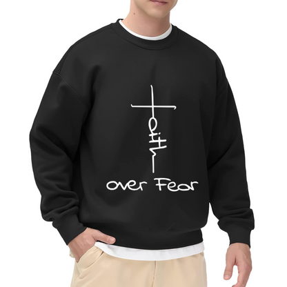 Faith Over Fear Christian Cross Graphic Crewneck Sweatshirt with Minimalist Hand-Drawn Style for Religious Occasions