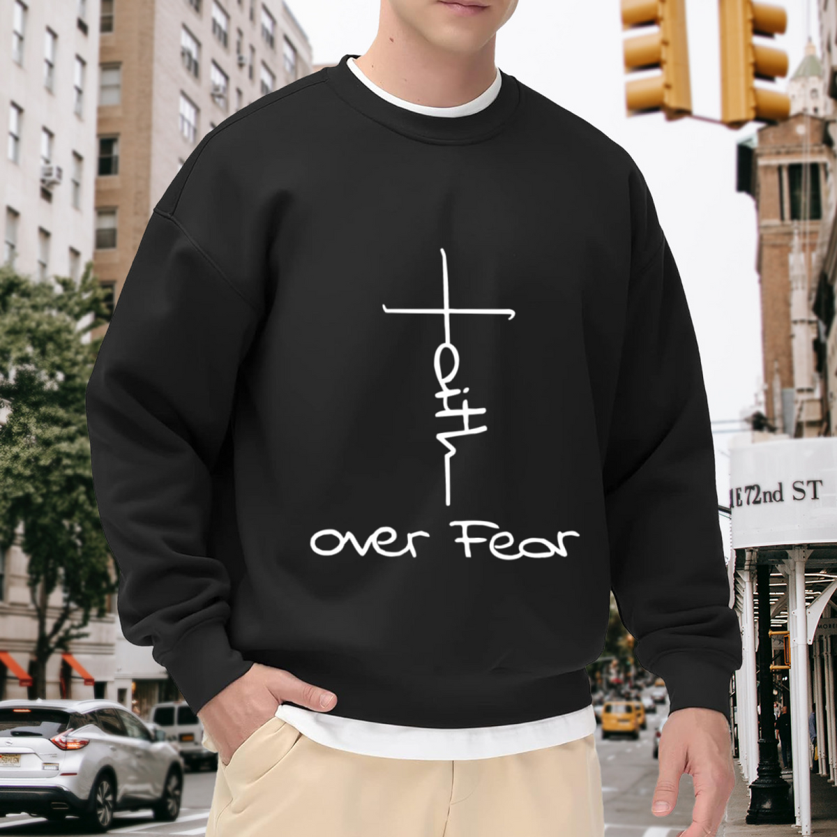 Faith Over Fear Christian Cross Graphic Crewneck Sweatshirt with Minimalist Hand-Drawn Style for Religious Occasions