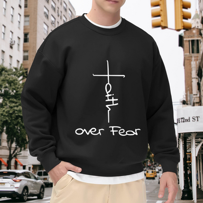 Faith Over Fear Christian Cross Graphic Crewneck Sweatshirt with Minimalist Hand-Drawn Style for Religious Occasions