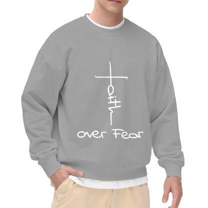 Faith Over Fear Christian Cross Graphic Crewneck Sweatshirt with Minimalist Hand-Drawn Style for Religious Occasions