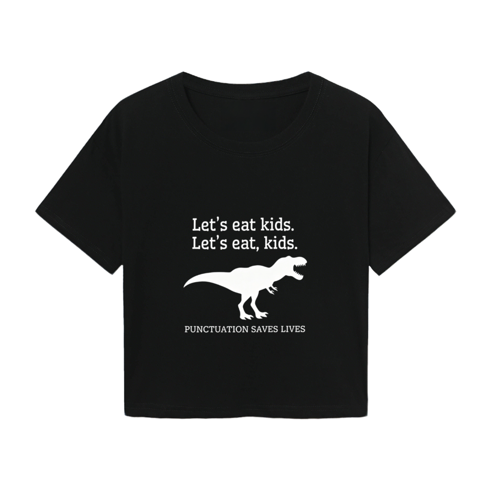 Punctuation Saves Lives Funny Dinosaur Black Crop Tee ¨C Humor Grammar Lover Cropped Top