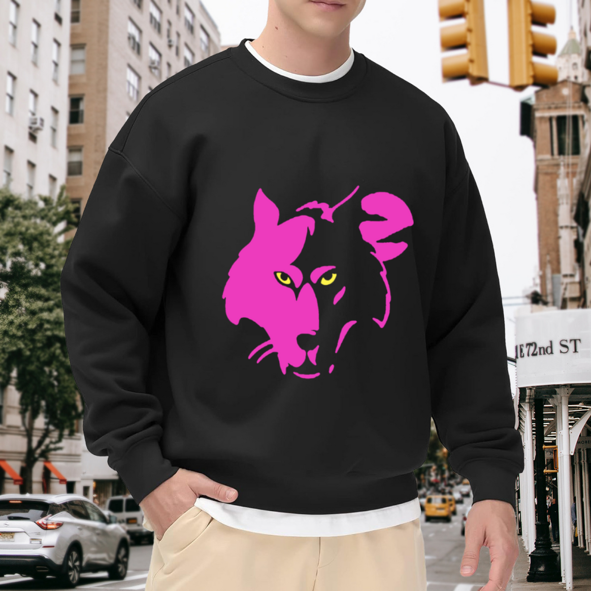 Neon Pink Cougar Head Crewneck Sweatshirt - Bold Wildcat Silhouette Pullover, Big Cat Lover Streetwear, Wildlife Graphic Top