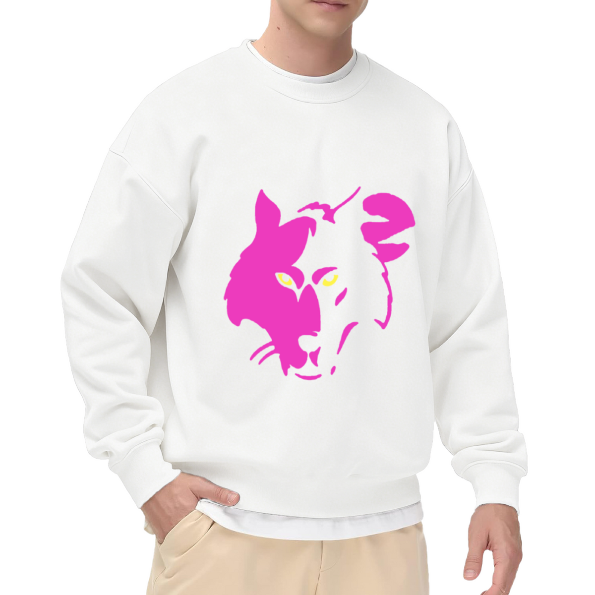 Neon Pink Cougar Head Crewneck Sweatshirt - Bold Wildcat Silhouette Pullover, Big Cat Lover Streetwear, Wildlife Graphic Top