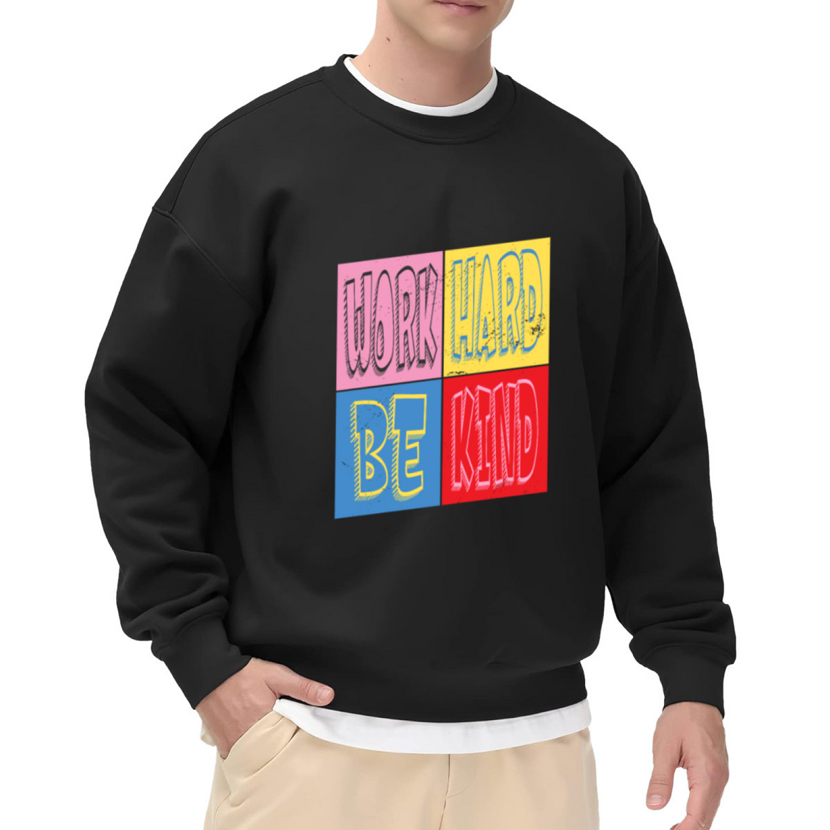 Work Hard Be Kind Color Block Crewneck Sweatshirt Retro Motivational Graphic