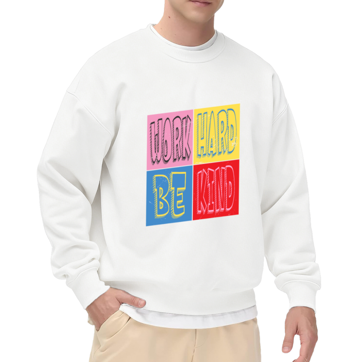 Work Hard Be Kind Color Block Crewneck Sweatshirt Retro Motivational Graphic