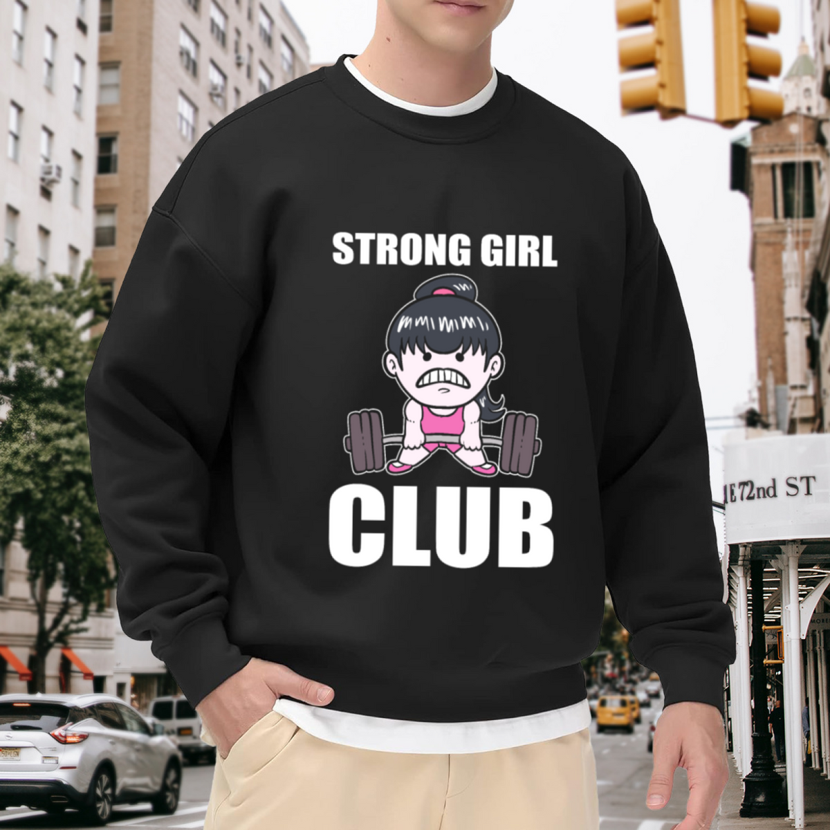 Strong Girl Club Weightlifting Crewneck Sweatshirt, Cartoon Gym Barbell Pullover, Fitness Gift For Her