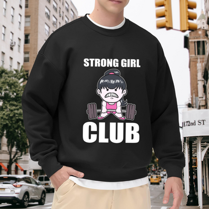 Strong Girl Club Weightlifting Crewneck Sweatshirt, Cartoon Gym Barbell Pullover, Fitness Gift For Her
