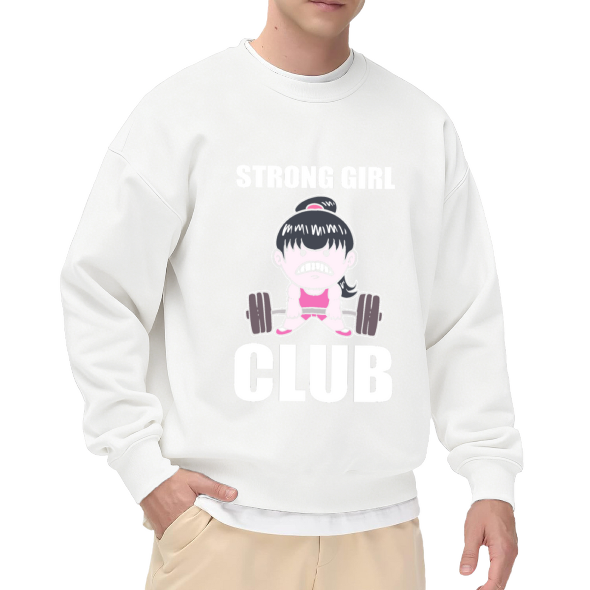 Strong Girl Club Weightlifting Crewneck Sweatshirt, Cartoon Gym Barbell Pullover, Fitness Gift For Her