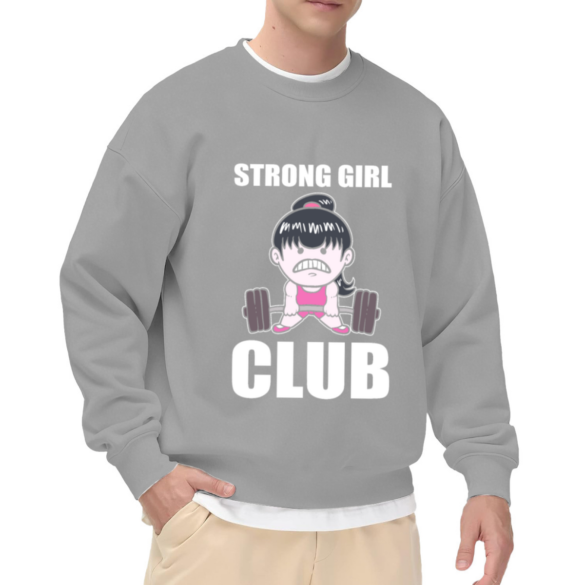 Strong Girl Club Weightlifting Crewneck Sweatshirt, Cartoon Gym Barbell Pullover, Fitness Gift For Her