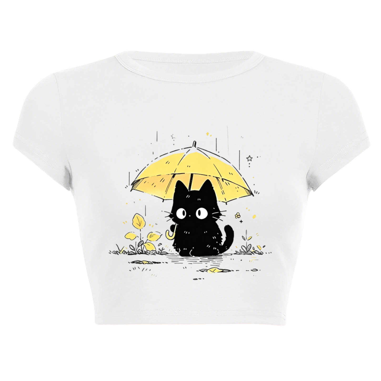 Rainy Black Cat With Yellow Umbrella Cottagecore Crop T-Shirt