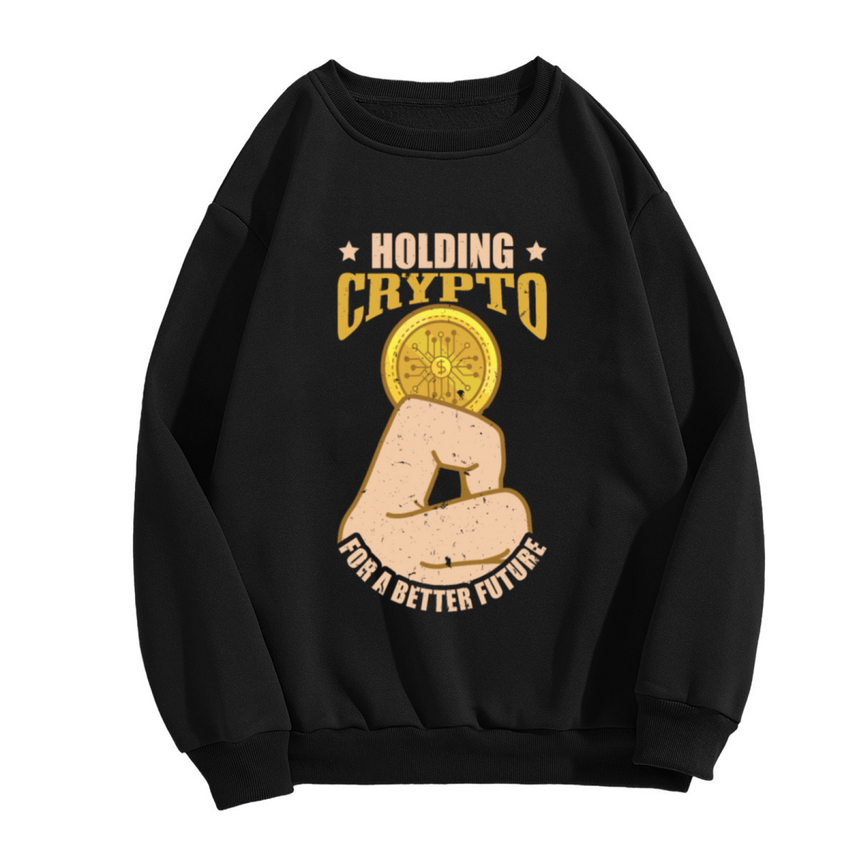 Holding Crypto For A Better Future Sweatshirt | Fist Gold Coin Graphic Crewneck, Vintage Crypto Pullover Top, Bitcoin Gift for Investors