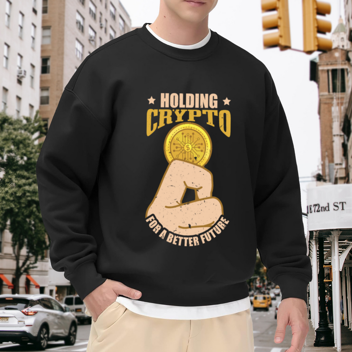 Holding Crypto For A Better Future Sweatshirt | Fist Gold Coin Graphic Crewneck, Vintage Crypto Pullover Top, Bitcoin Gift for Investors