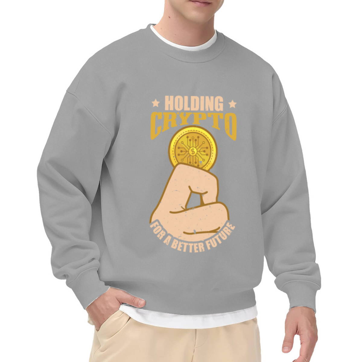 Holding Crypto For A Better Future Sweatshirt | Fist Gold Coin Graphic Crewneck, Vintage Crypto Pullover Top, Bitcoin Gift for Investors
