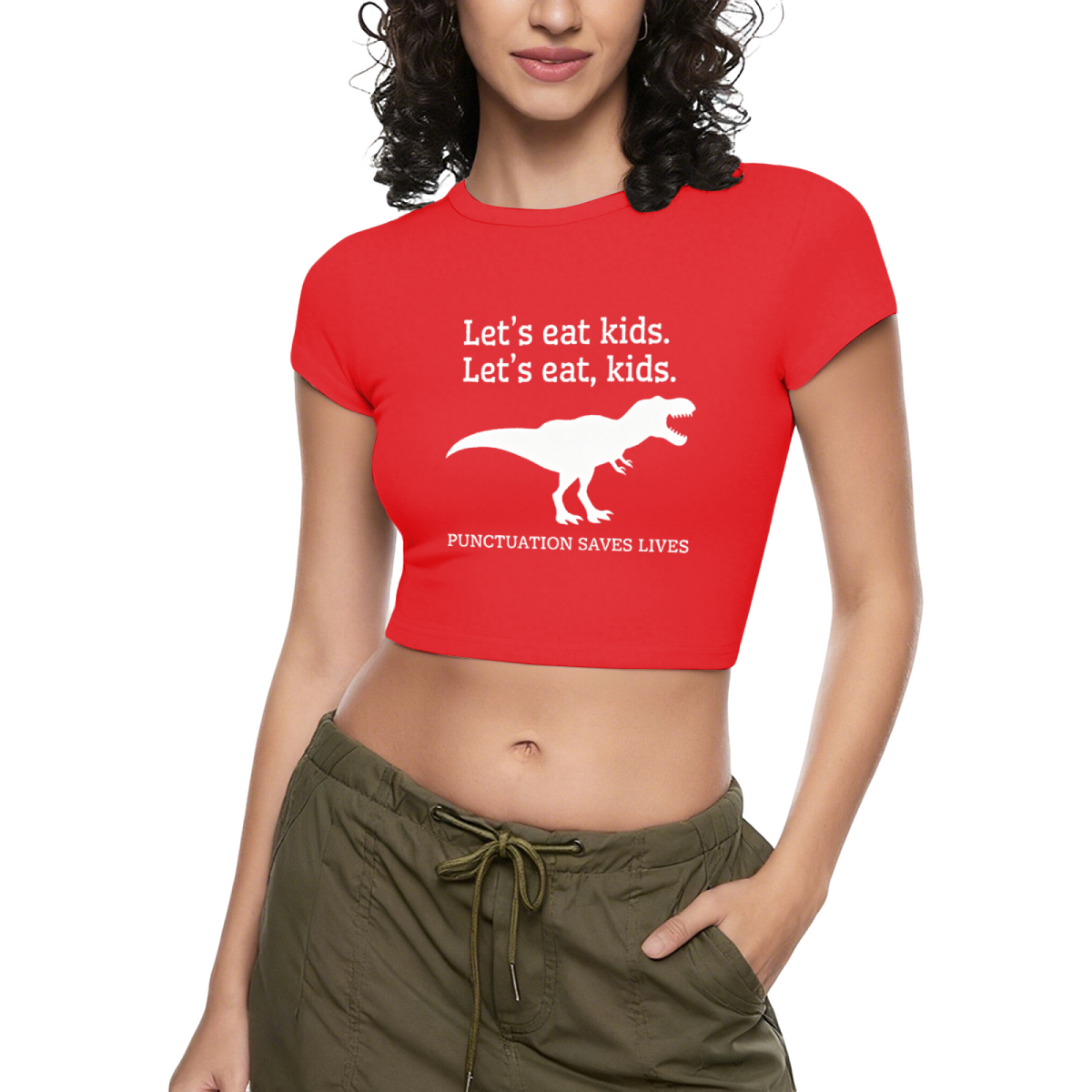 Funny Grammar Dinosaur Red Crop Tee ¨C Punctuation Saves Lives Teacher Top 6.