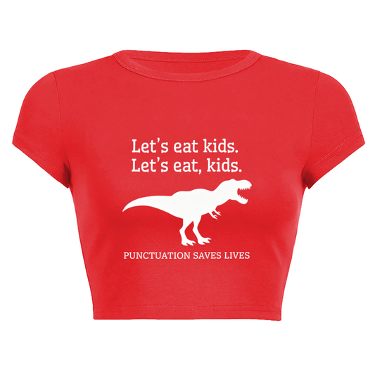 Funny Grammar Dinosaur Red Crop Tee ¨C Punctuation Saves Lives Teacher Top 6.
