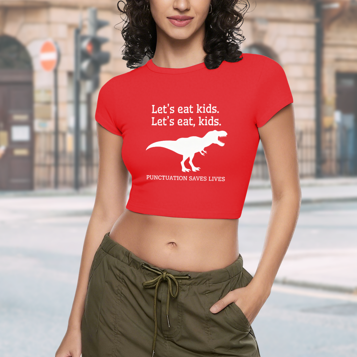 Funny Grammar Dinosaur Red Crop Tee ¨C Punctuation Saves Lives Teacher Top 6.
