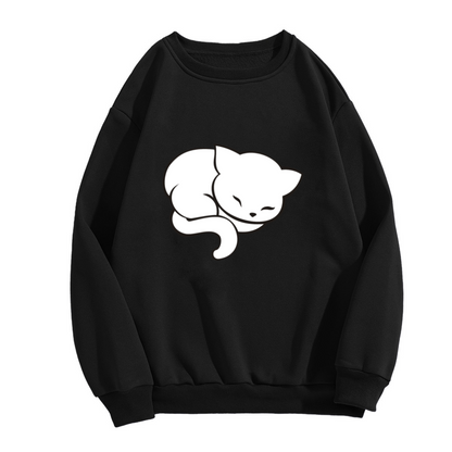 Minimalist Sleeping Cat Crewneck Sweatshirt, Cute Cozy Cat Lover Graphic Pullover