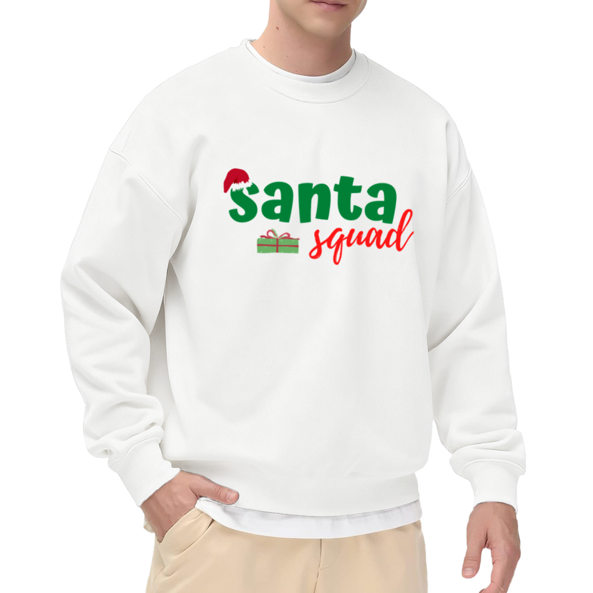 Santa Squad Christmas Crewneck Sweatshirt | Festive Gift Box Graphic Pullover, Holiday Lettering Top, Christmas Party Gift