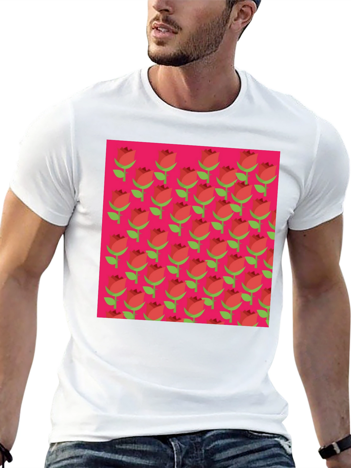 Retro Rose Pattern Tee - Black