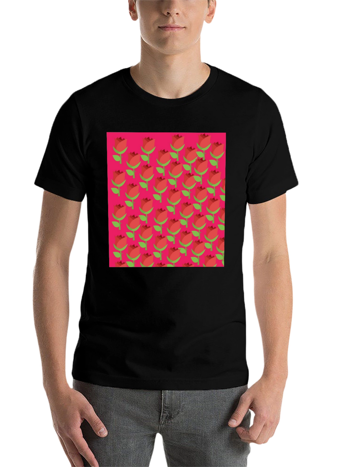 Retro Rose Pattern Tee - Black