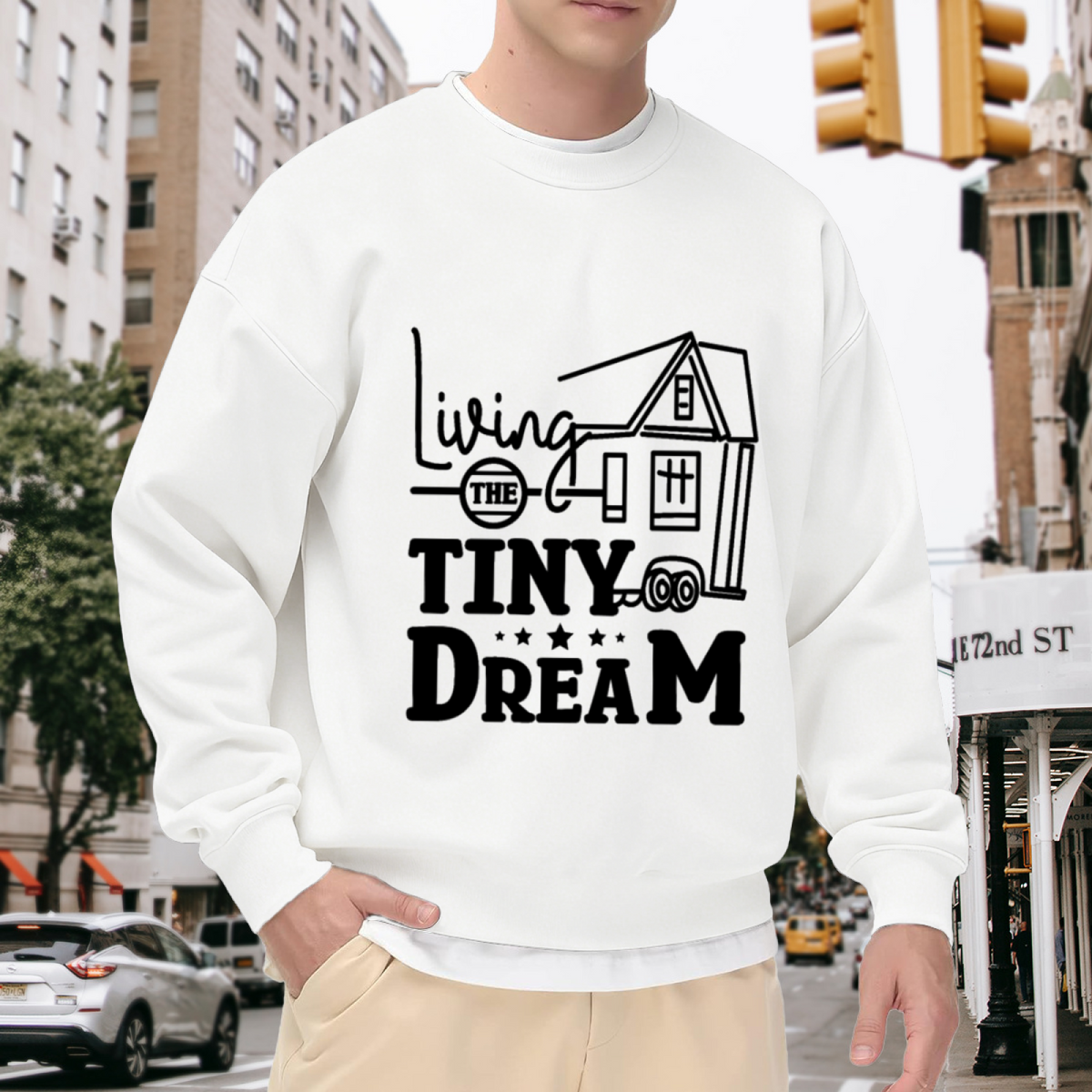 Living The Tiny Dream Crewneck Sweatshirt - Tiny House On Wheels Graphic, Minimalist Van Life Pullover, Downshifting Gift