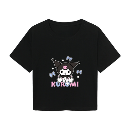 Sweet Bow Star Kuromi Print Black Crop Tee