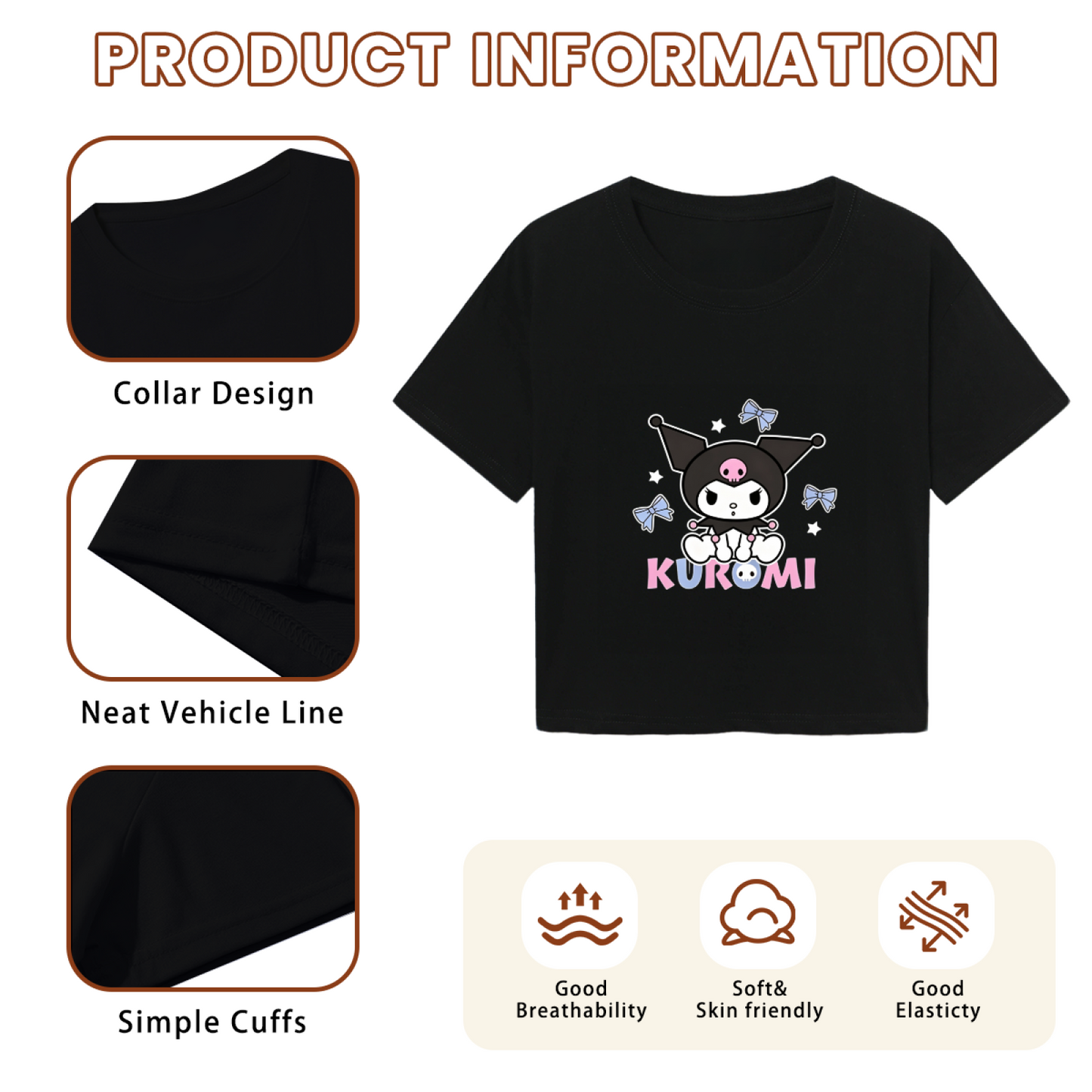 Sweet Bow Star Kuromi Print Black Crop Tee