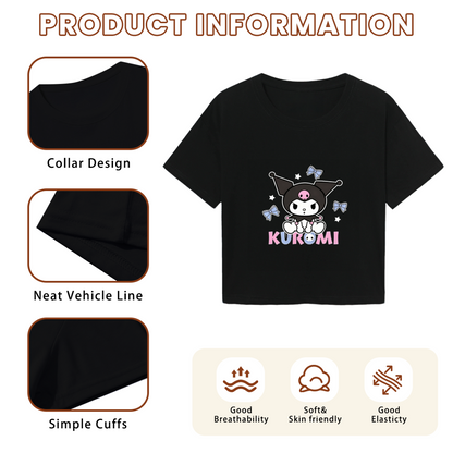 Sweet Bow Star Kuromi Print Black Crop Tee