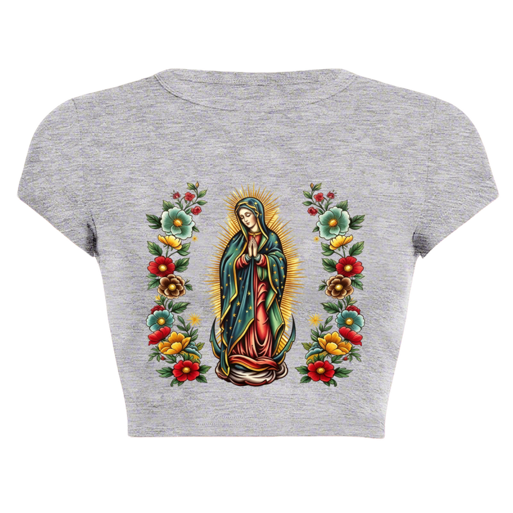 Floral Guadalupe Virgin Mary Vintage Grey Crop Tee ¨C Religious Retro Graphic Top