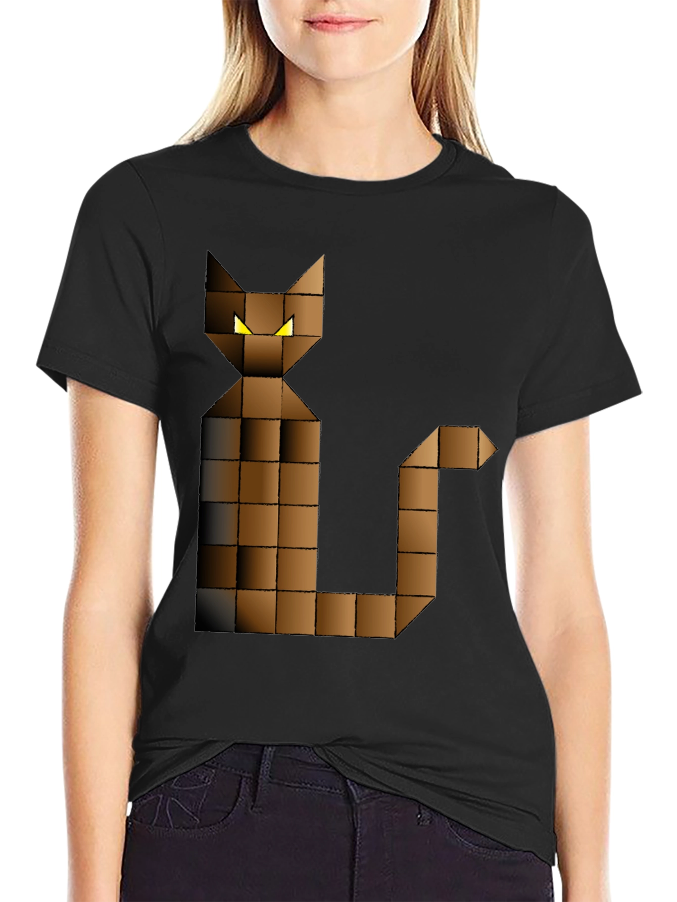 Pixel Cat Graphic Tee - Black Cotton Blend