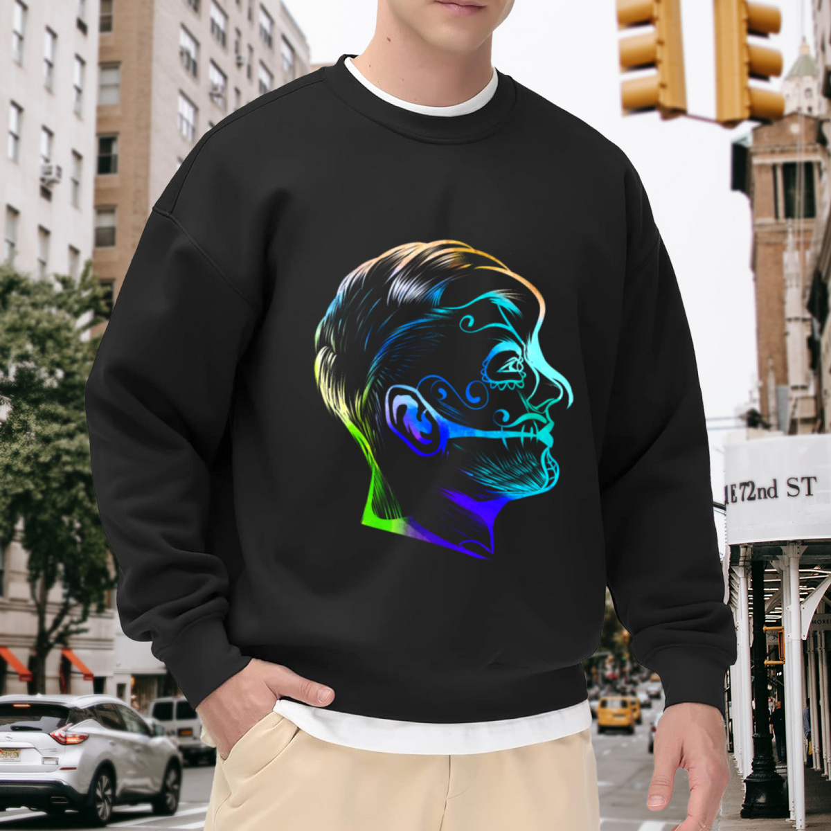 Cyberpunk Neon Glowing Male Profile Head Crewneck Sweatshirt Graphic Print