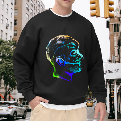 Cyberpunk Neon Glowing Male Profile Head Crewneck Sweatshirt Graphic Print