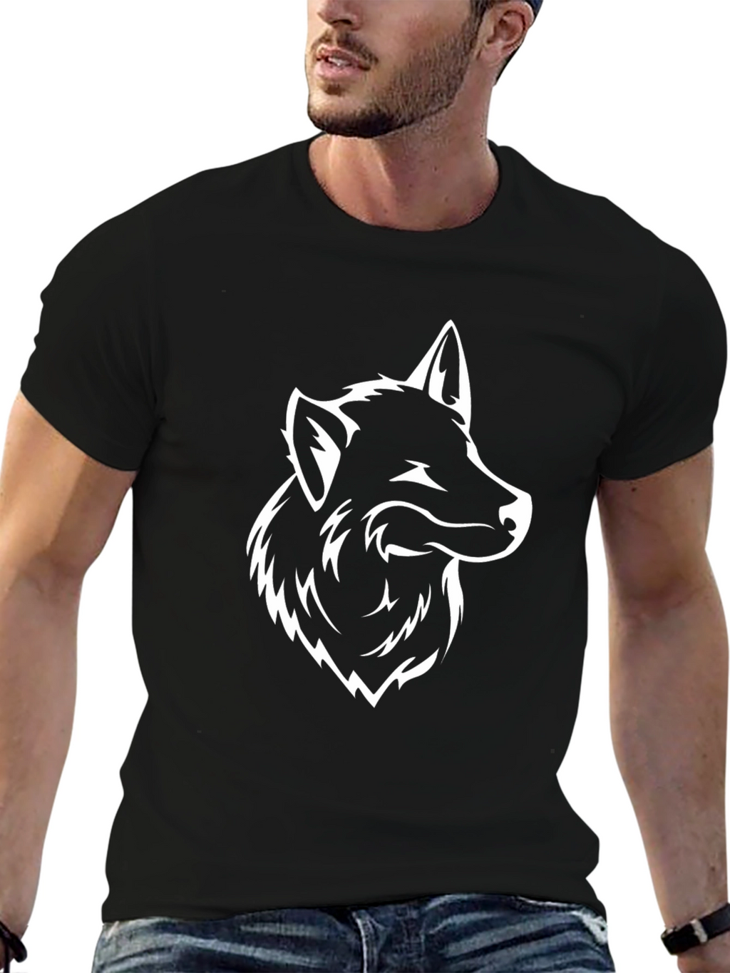Mens Black T-Shirt with Wolf Graphic