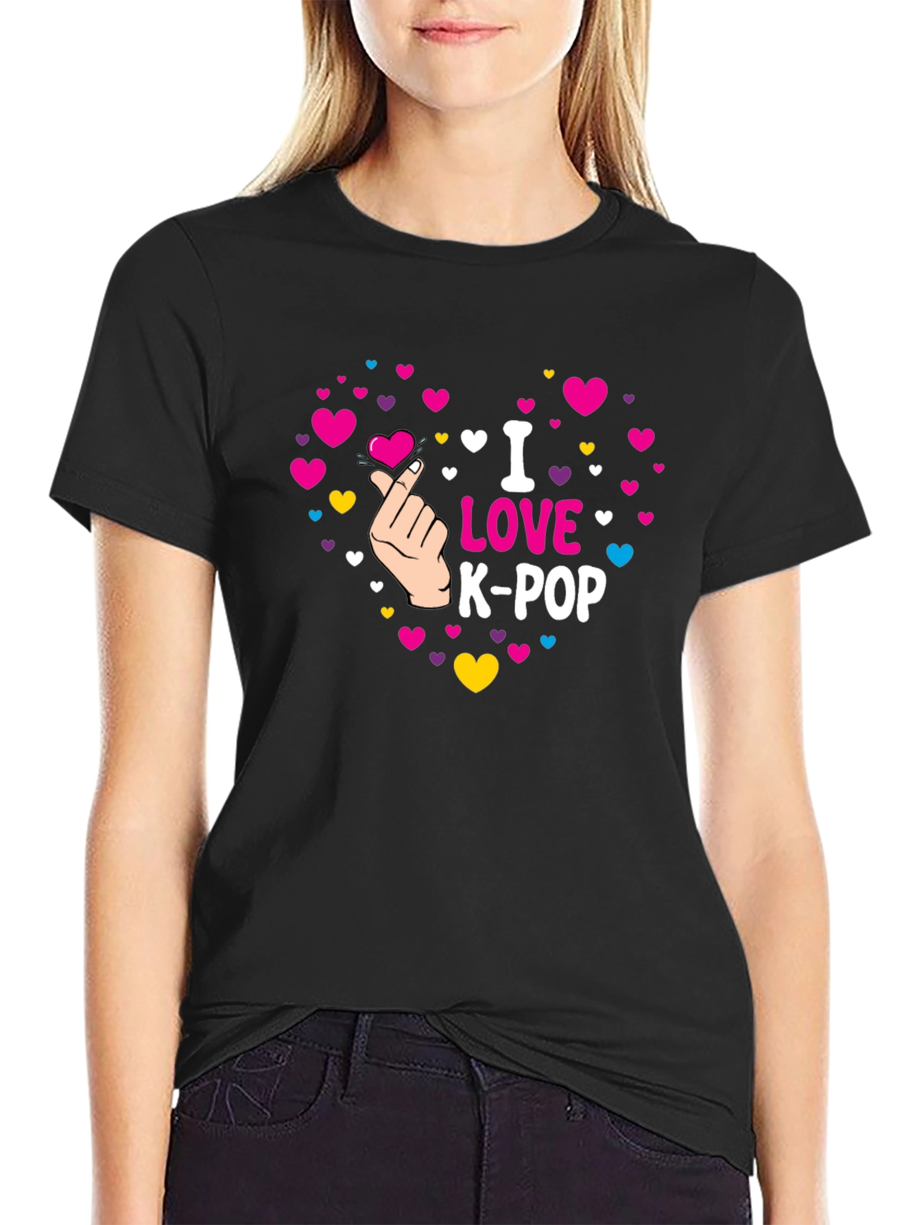 I Love K-Pop Heart Graphic Black T-Shirt