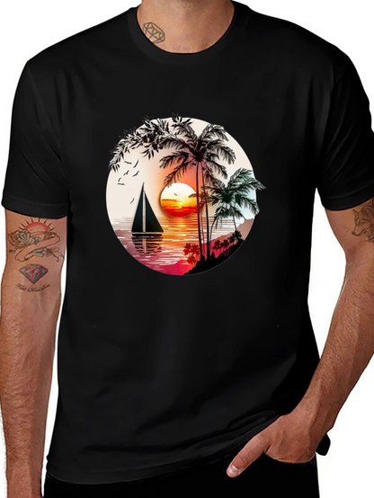 Tropical Sunset Sailboat Graphic T-Shirt