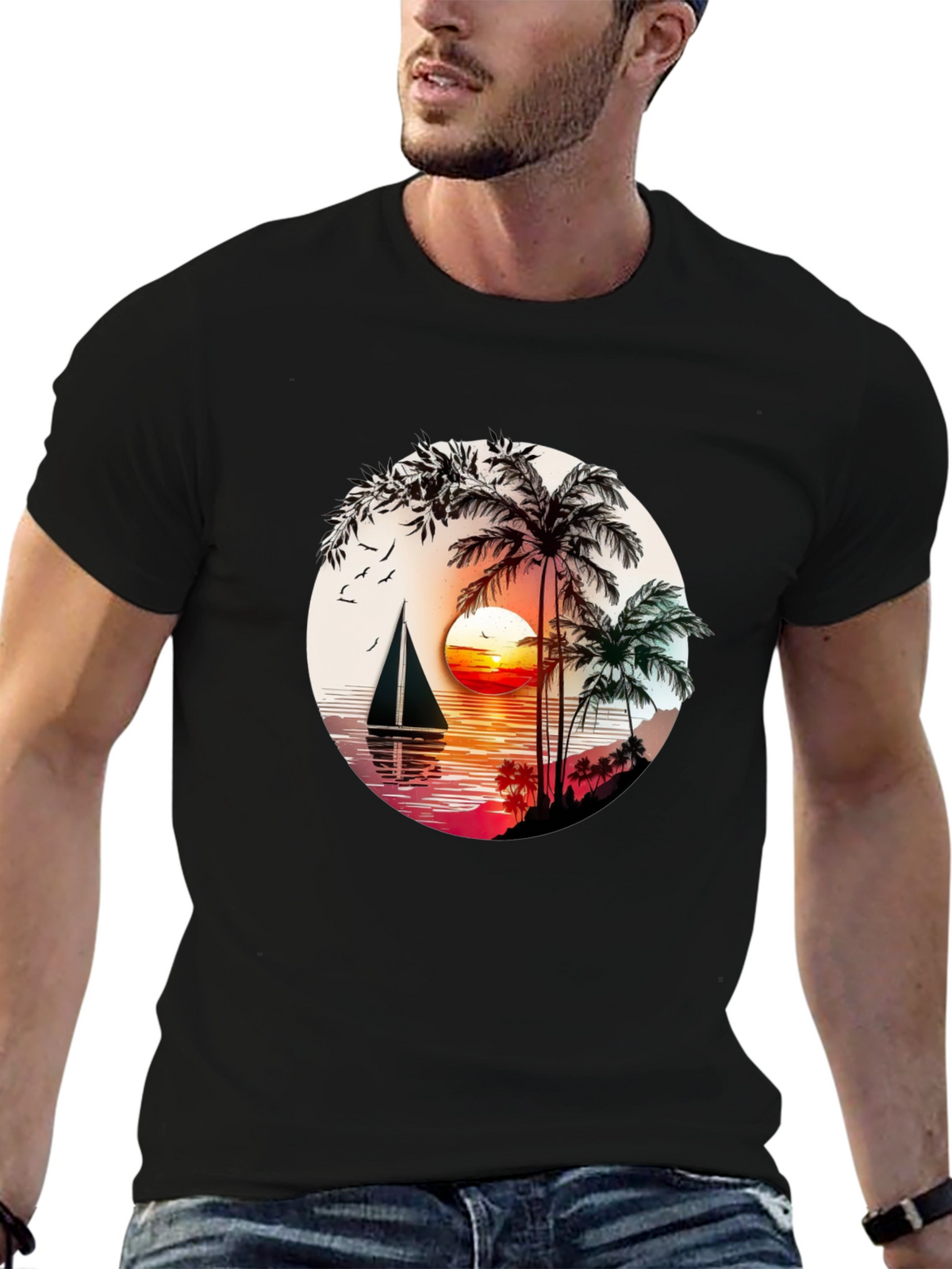 Tropical Sunset Sailboat Graphic T-Shirt