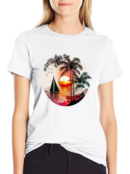 Tropical Sunset Sailboat Graphic T-Shirt